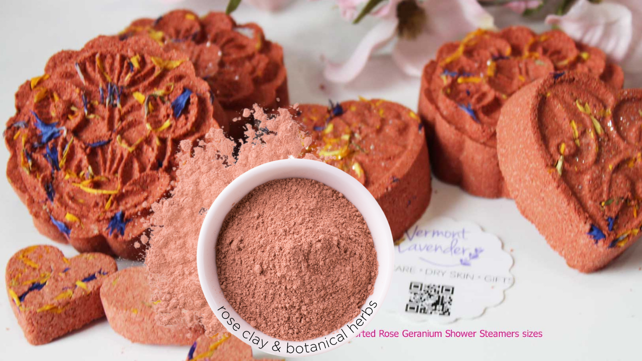 Rose geranium shower steamers with red kaolin clay and botancials by Vermont Lavender