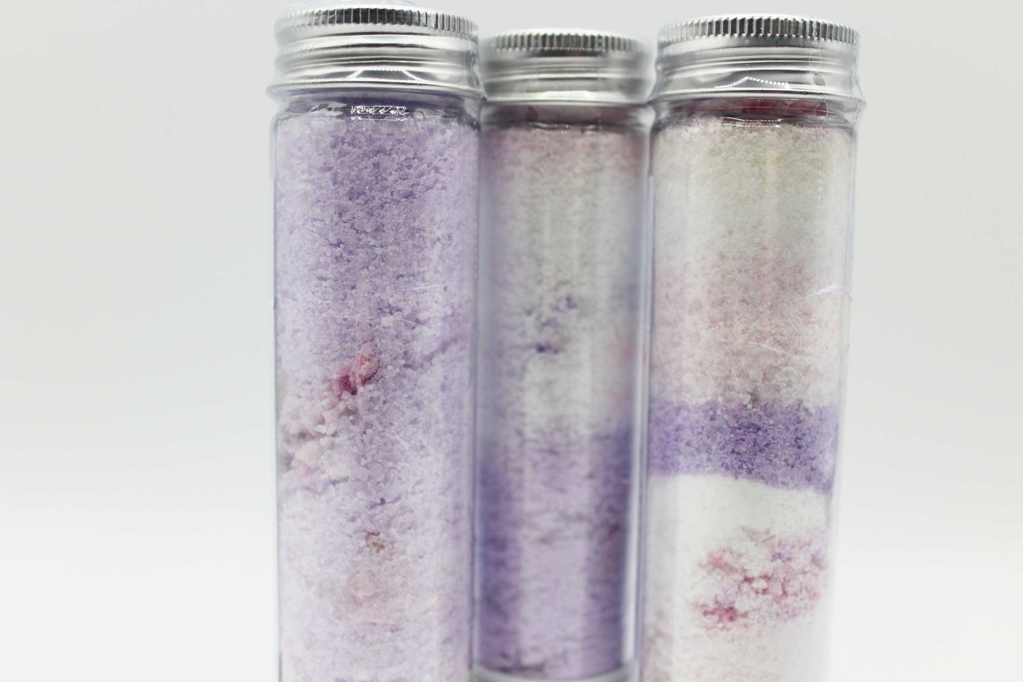 Bath soaking salts and foaming brittle lavender chamomile close up