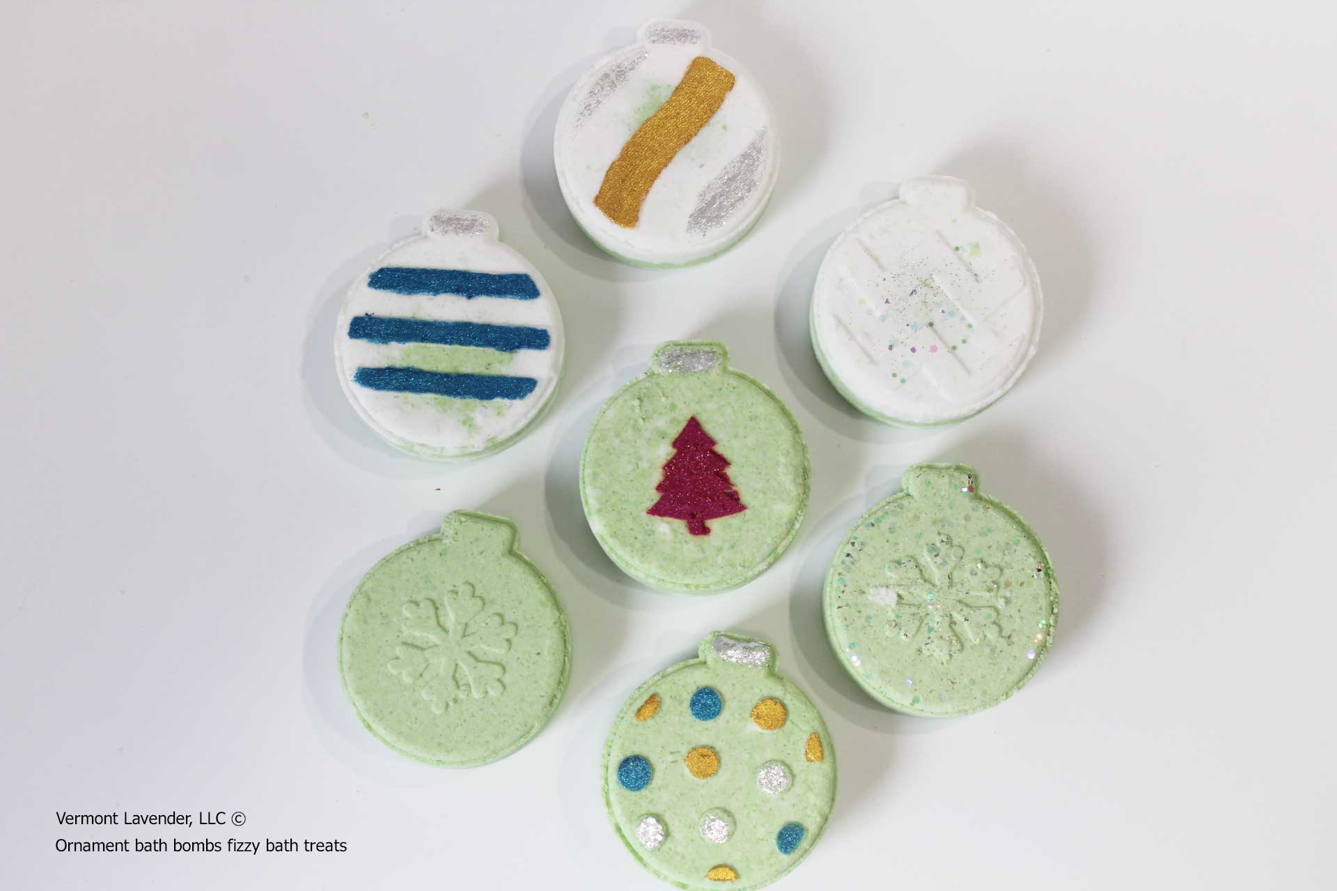 Ornament Decorative bath bombs shaped like ornaments on a white by Vermont Lavender 
