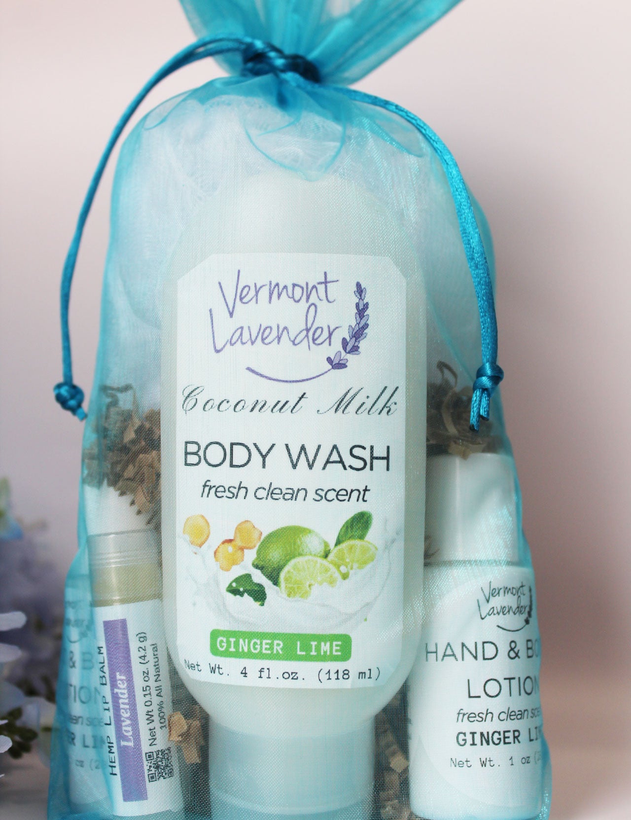 body wash coconut ginger lime lotion lip balm organza gift bag by Vermont Lavender