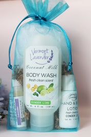 body wash coconut ginger lime lotion lip balm organza gift bag by Vermont Lavender