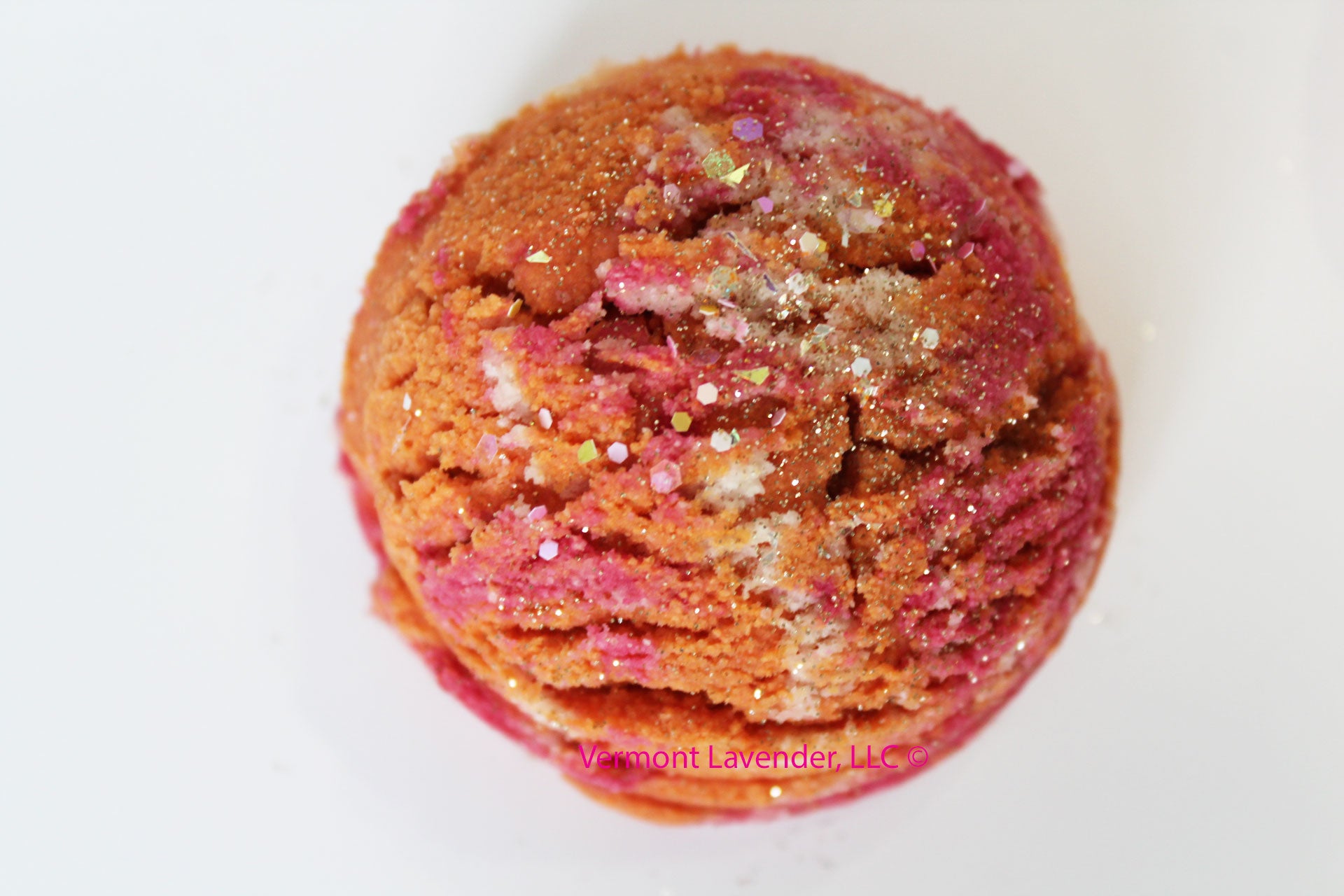 Bubble bar ice cream scoop large Mango sorbet scent with eco-glitter on top orange and dark pink colors by Vermont Lavender