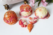 Bubble bar three ice cream scoops with ice cream themed small bars Mango sorbet scent with eco-glitter on top orange and dark pink colors by Vermont Lavender