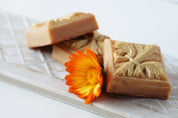 Orange pumpkin fleur de lis flower design small guest soaps by Vermont Lavender