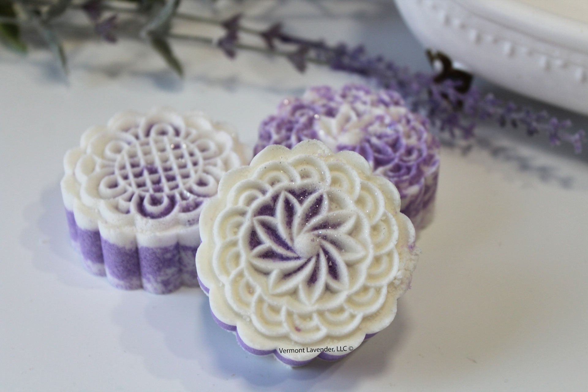 Lavender-Orange Neroli-Oatmilk-Honey-bath-bomb-Mooncake by Vermont Lavender