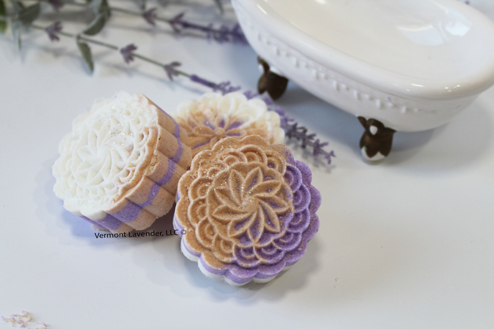 Lavender-chamomile-Oatmilk-Honey-bath-bomb-Mooncake by Vermont Lavender