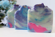 lilies and lilac cold process soap bar by Vermont Lavender with pink blue cream swirl colors front view