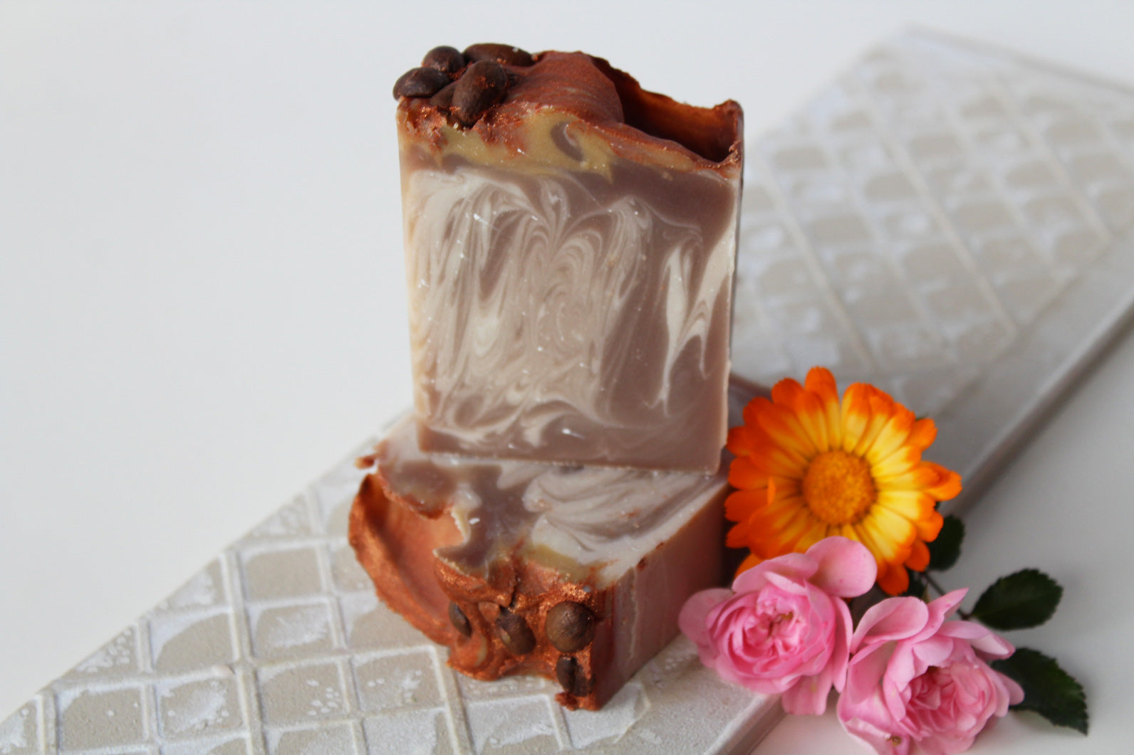 Pumpkin spice latte coffee soap bar by Vermont Lavender front view with coffee beans 
