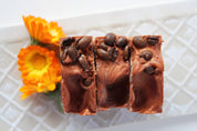Pumpkin spice latte coffee soap bar by Vermont Lavender top view with coffee beans 