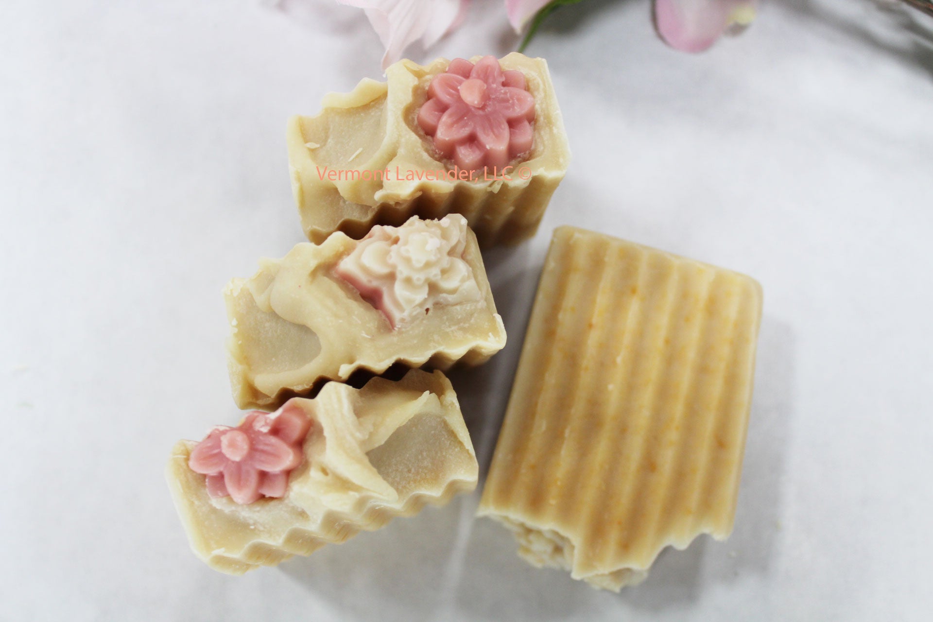 Rose garden honey oatmeal cocoa butter soap medium soap bar flower embed top by Vermont Lavender