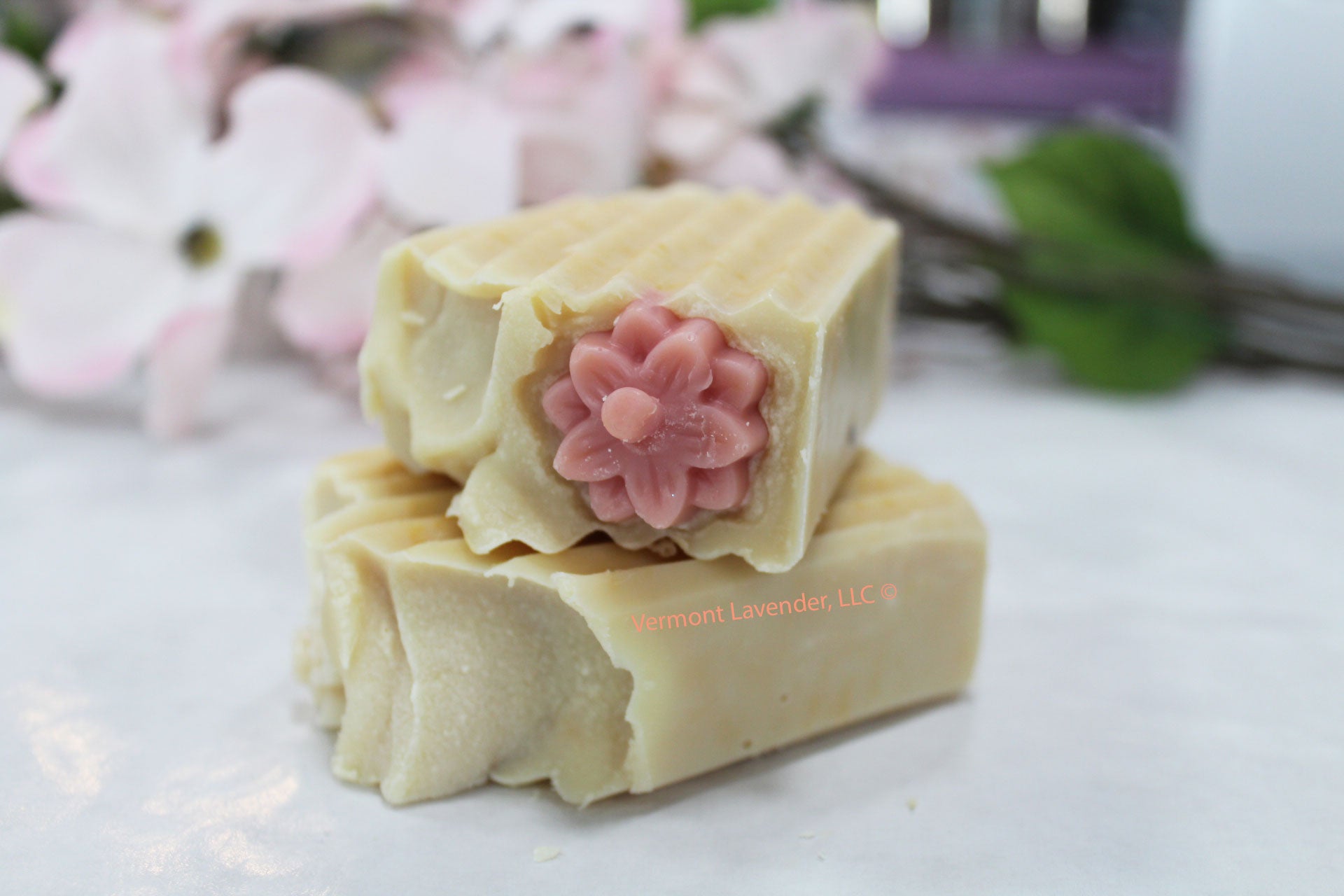 Rose garden honey oatmeal cocoa butter soap medium soap bar flower embed top by Vermont Lavender top view