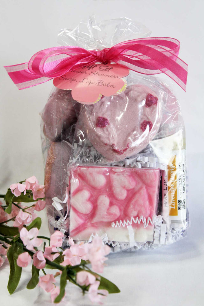Shower steamer gift bag with soap and lavender orange lip balm