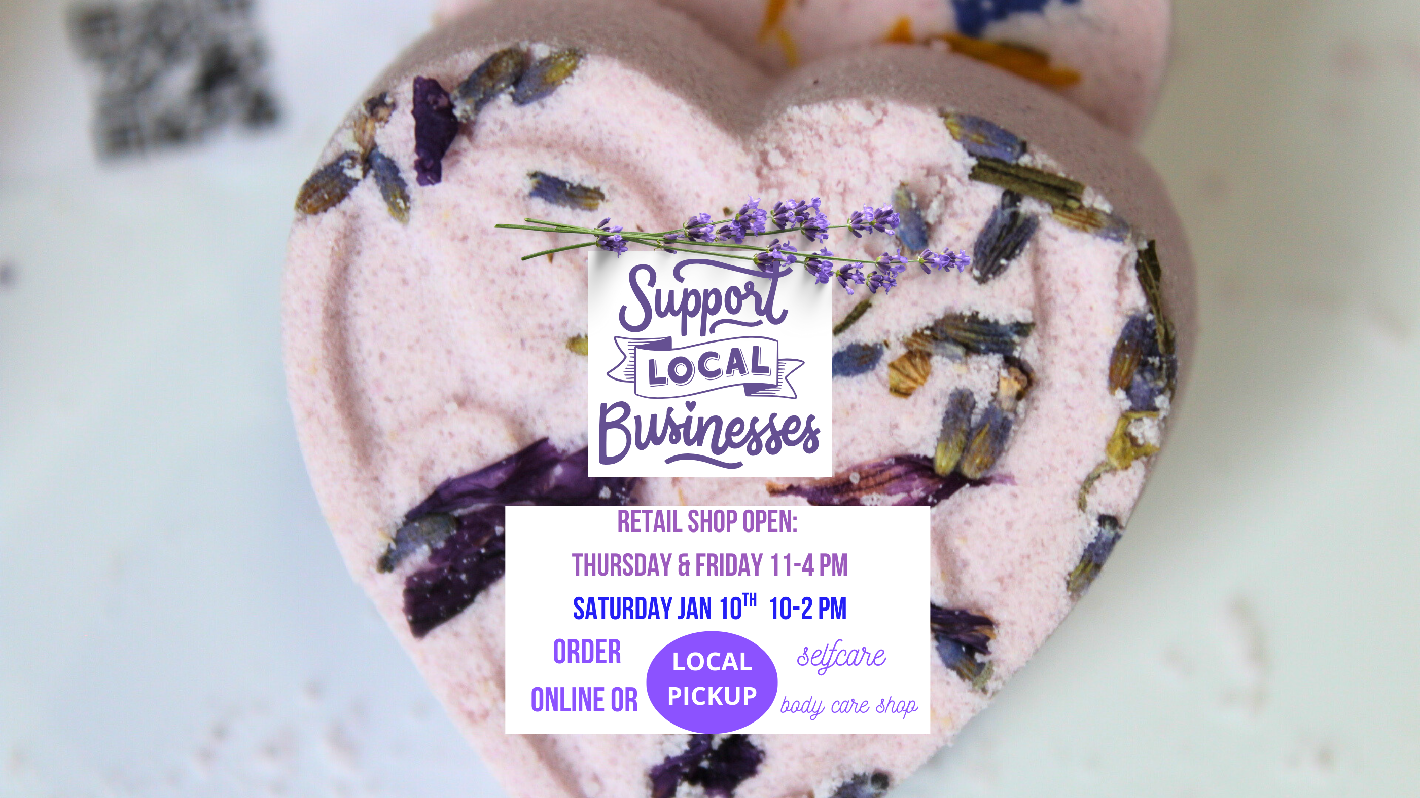 Heart-shaped shower steamer with lavender and rose petals, featuring a 'Support Local Businesses' message. by Vermont Lavender