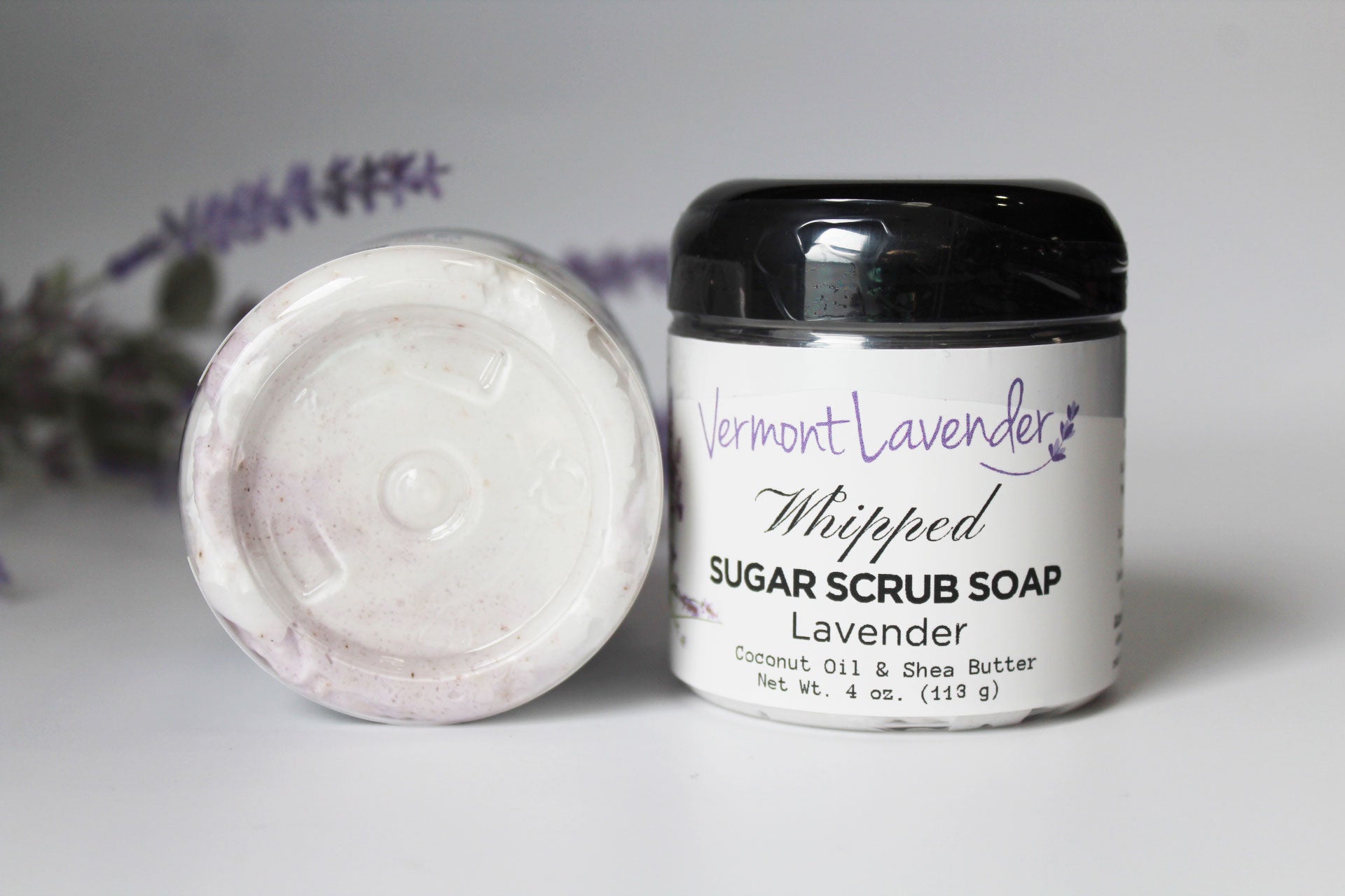 Sugar-scrub-foaming-soap-lavender-coconut-oil-shea-butter-by-Vermont-Lavender-2-oz