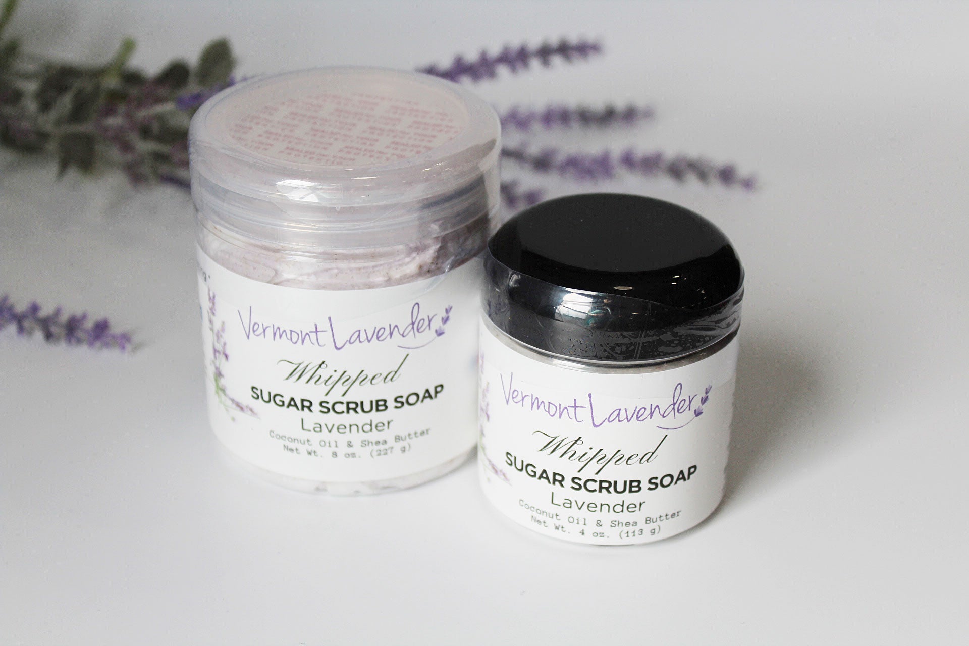 Sugar-scrub-foaming-soap-lavender-coconut-oil-shea-butter-by-Vermont-Lavender-2-oz and 4 oz