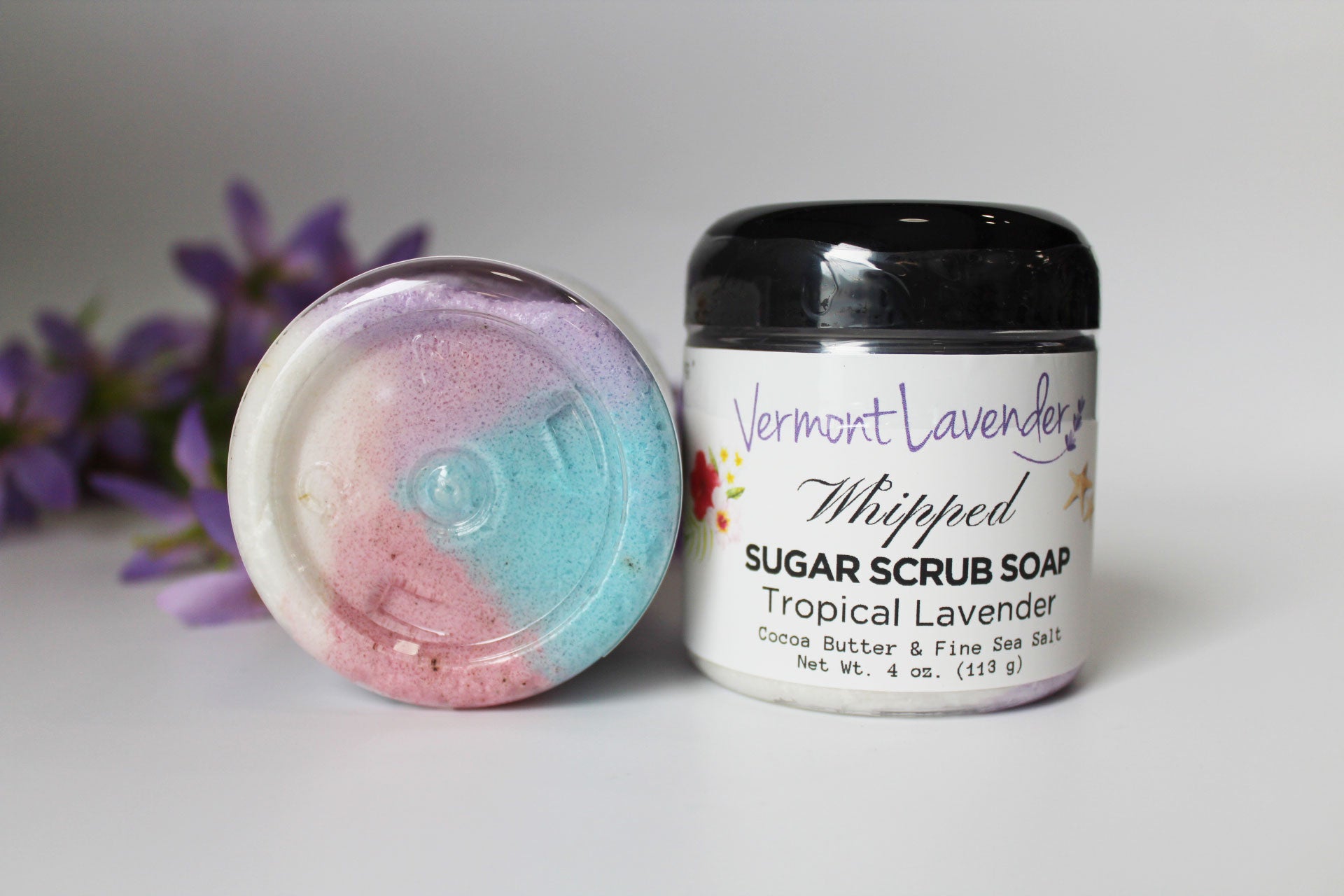 Sugar scrub foaming soap tropical cocoa butter and fine sea salt by Vermont Lavender 4 oz and 2 oz