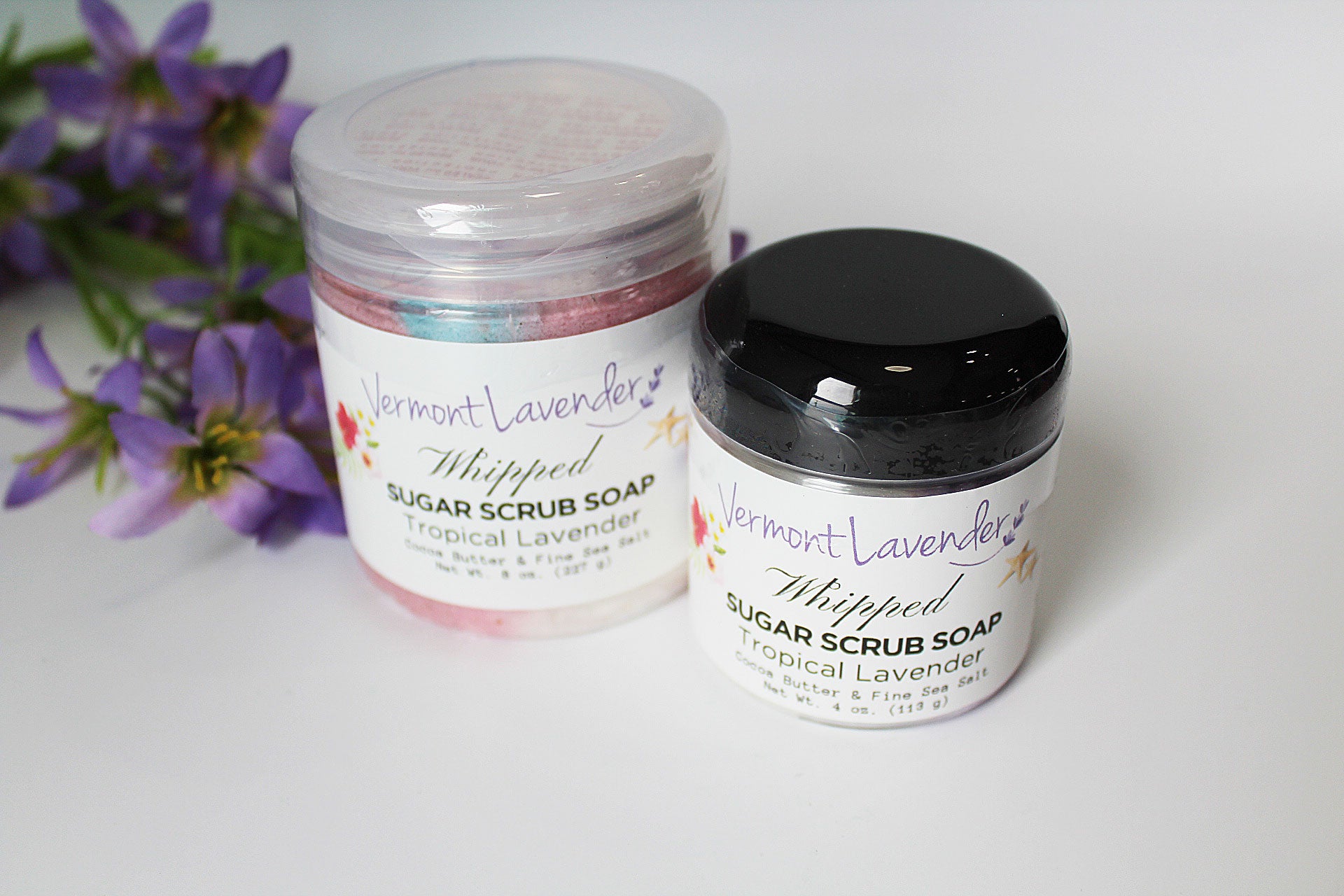 Sugar scrub foaming soap tropical cocoa butter and fine sea salt by Vermont Lavender 4 oz and 2 oz and 4 oz