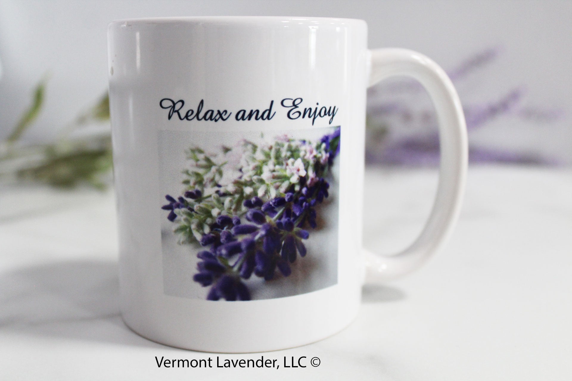 Vermont Lavender coffee tea cup front with lavender flowers photo by Diane owner of Vermont Lavender