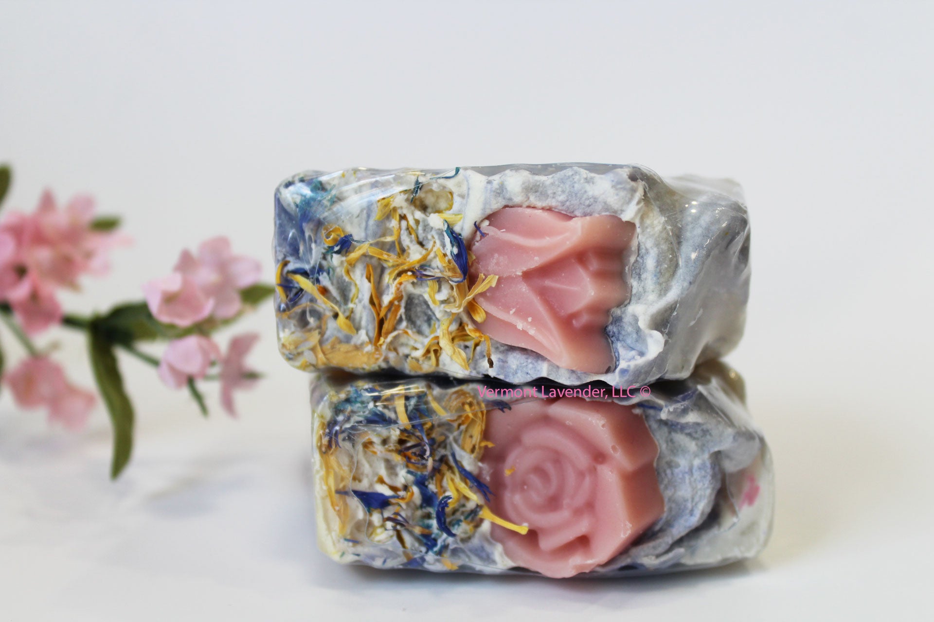 Wild Rose Soap with Floral Embed | Botanical Herbs Oatmeal VT Honey Cocoa Butter top view