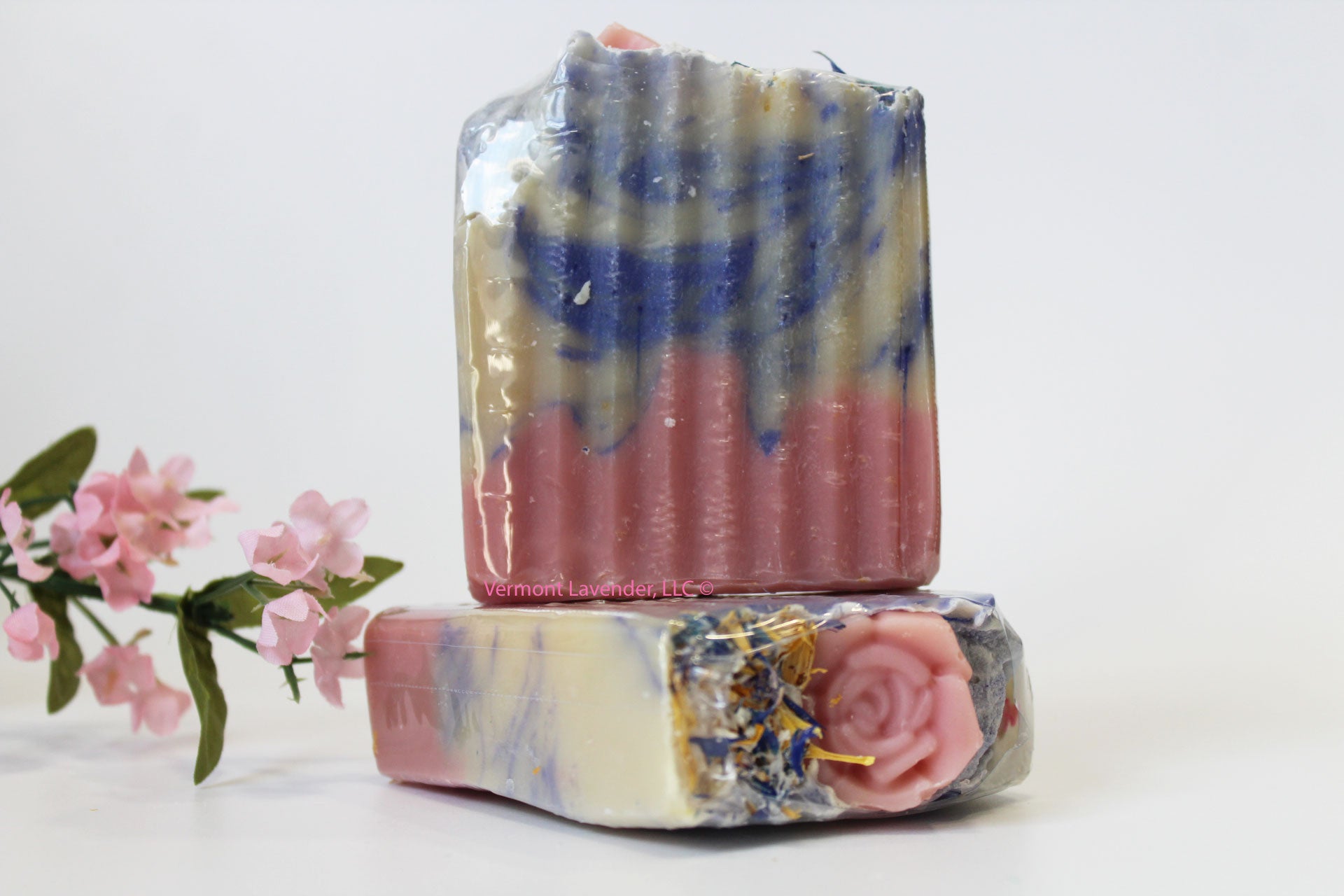Wild Rose Soap with Floral Embed | Botanical Herbs Oatmeal VT Honey Cocoa Butter front and top view