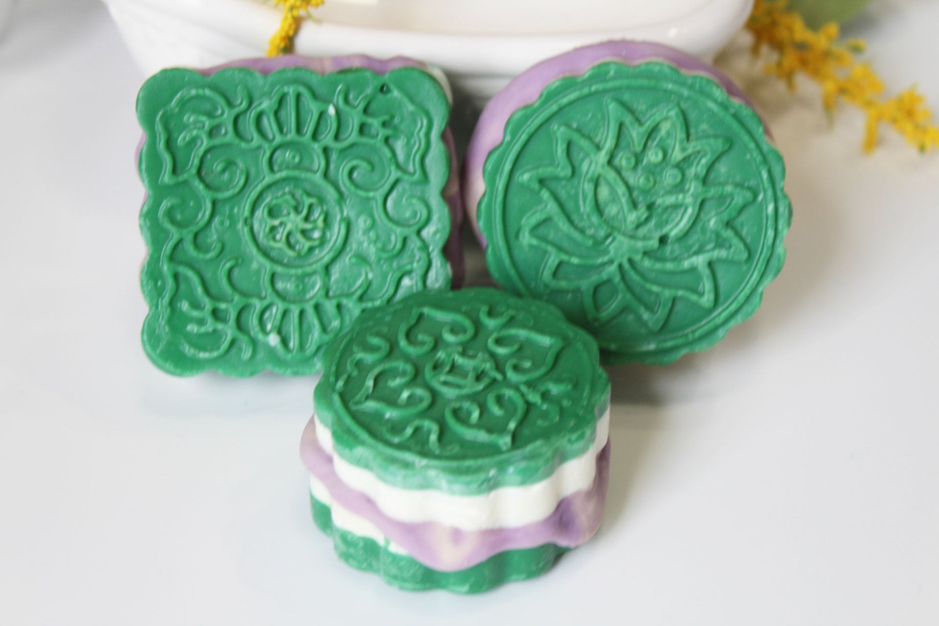 Windsong balsam lavender frosting cookie soaps by Vermont Lavender  front view green and purple soaps for hands and body