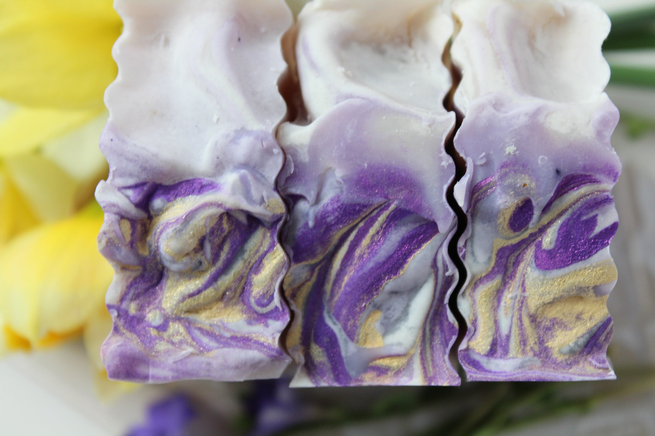 Lilies and lilac soap bar handcrafted by Vermont Lavender Top view