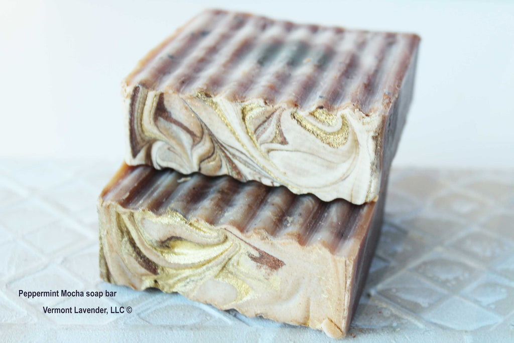 Peppermint mocha coffee soap bar with heart soap embed